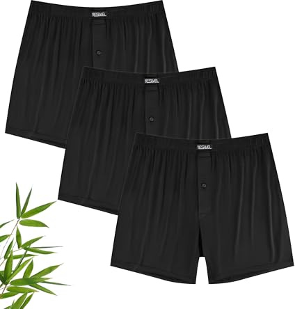 YESWEL Bamboo Mens Boxers, M Black Loose Fit Boxers With Button Fly, Comfortable Underwear Trunks, Tag-free Underpants Pack of 3