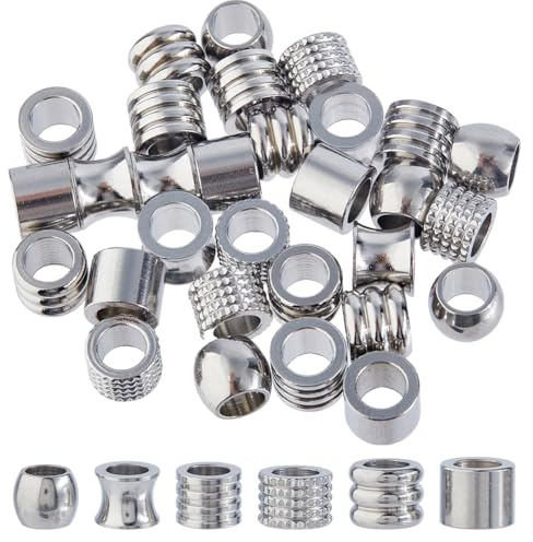 DICOSMETIC 36Pcs 6 Styles Stainless Steel European Bead 10mm Large Hole Beads Metal Grooved Column Beads Hair Beard Loose Bead for DIY Necklace Bracelet Earring Jewelry Making, Hole: 6-6.5mm