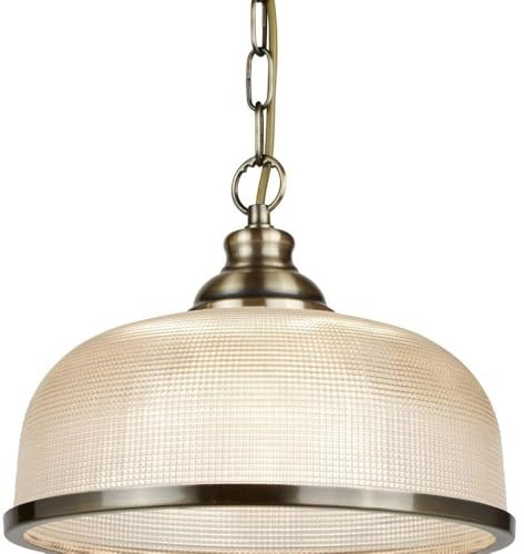 Britalia Antique Brass & Holophane Glass Vintage Dome Pendant Light 27cm - 1 x E27 ES Large Edison Screw Light Bulb Required (Not Included) | Suitable for Standard or Smart LED Lamps