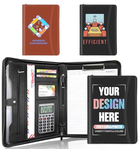 Portafolio de cuero personalizado con cremallera carpeta con logotipo texto y fotos personalizados portafolios personalizados currículum entrevistas oficina escuela negocios color negro