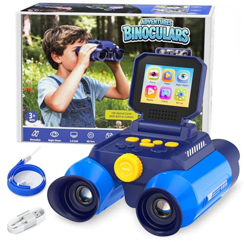 OAEBLLE Prismáticos Niños con Zoom Óptico 10x y Cámara - Fotos 48 MP y Video 1080P, Visión Nocturna 25m, Aptos a Partir de 3 Años, Ideales para Observación de Animales y Naturaleza | Azul Oscuro