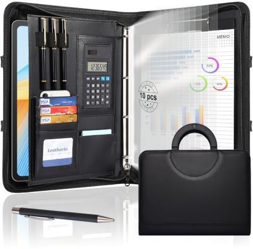 Leathario Portafolio con Asa de PU para Hombres y Mujeres, Carpeta A4 Plegable para Negocios, Estudiantes, Médicos y Profesores, Incluye 10 Hojas Índice y Bolígrafo (Negro)