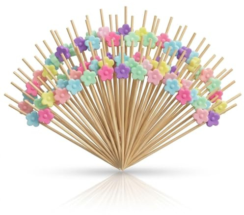HAPZUR 100 stuzzicadenti decorativi in legno a forma di fiore, lunghi 12 cm, adatti per aperitivi, feste, compleanni, carnevali e bar.