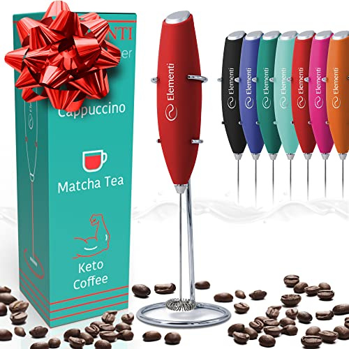 Elementi Electric Milk Frother Handheld, Matcha Whisk, Milk Foamer for Coffee Foamer Electric Handheld Drink Mixer, Electric Mini Whisk Small Hand Mixer, Frappe Maker (Red)