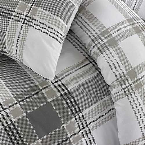 Sleepdown Check Grey Striped Reversible Soft Duvet Cover Quilt Bedding Set With Pillowcases - King (220cm x 230cm)