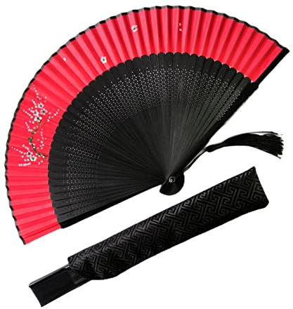 Abanico Plegable de Mano Chino japonés, Abanico Plegable de Seda Rojo de 8.3 Pulgadas
