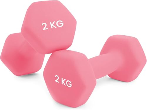 unycos - Par de Mancuernas Antideslizantes de Neopreno, Pesas【2 kg】Ergonómicas con Diseño Hexagonal y Anti-Rodadura, Resistentes, Ideales para Entrenamiento de Fuerza y Gimnasio en Casa (Rosa)