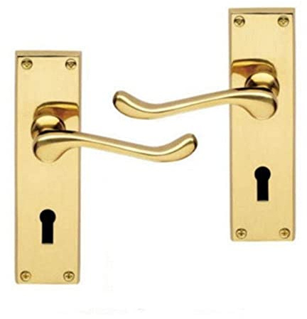 Golden Grace Victorian Scroll Door Handles Lever Lock in Polished Brass Finish - 150 x 40mm
