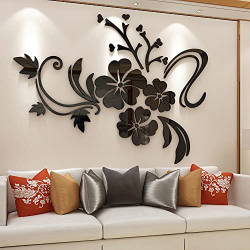 Wall Stickers - 3D Flower Mirror Art for Living Room Family Wall Decals Home Decorations Office & Bedroom (Black, 35 * 47 inch)