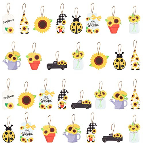 WATINC 31Pcs Sunflower Gnome Hanging Wooden Ornament Set, Summer Gnome Element Plaid Pendant Crafts Decor Supplies, Wood Tags Embellishments with Rope for Holiday Hawaiian Party Decoration (10 Styles)