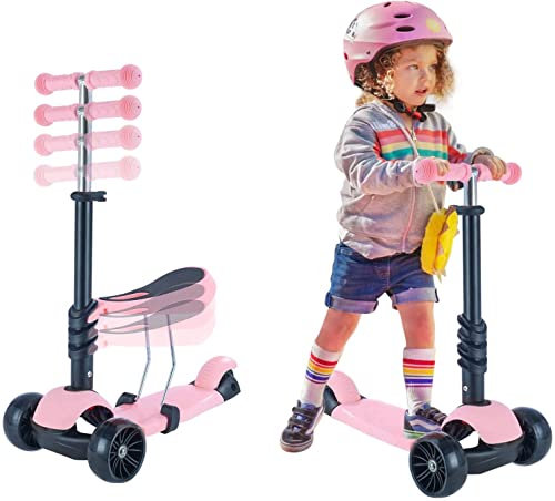 Kinder Roller|Tretroller Kinder mit Abnehmbarem Sitz | Höhenverstellbarer Kinderroller mit Leuchträdern Kinderscooter für Jungen und Mädchen (Rosa)