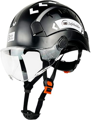SAFEBUILDER Safety Helmet Hard Hat with Visor Adjustable Lightweight Vented ABS Work Helmet ANSI Z89.1 Approved Ideal for Industrial & Construction (Black Hat with Clear Visor)