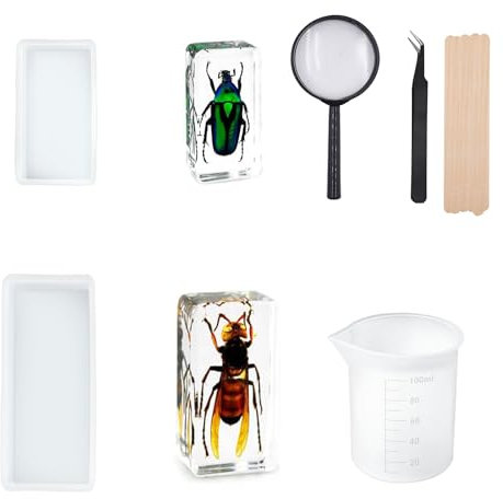 KeaJuidy Silikonform Epoxidharz Formen Insekten Epoxidharz Kit Insect Resin Molds mit 100ml Silikon Messbecher Lupe Ellenbogenpinzette Rührstab für DIY Basteln Harzschmuck Insektenexemplar