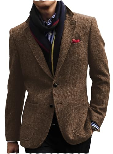 Tiavllya Mens Tweed Herringbone Blazer Business Coat Slim Fit Wool Blend Suit Jacket （42, Brown）