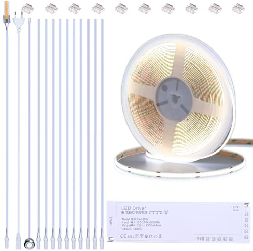 BENLUN 12V Ruban LED COB Cuisine Sous Meuble 10M, Bande LED 6000K Blanc Froid Dimmable, Bandeau LED Connecté Adhésif CRI 93 avec Variateur et Alimentation, pour Dressing Escalier Placard