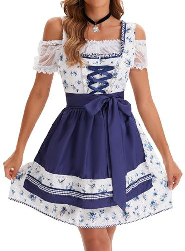 Zeagoo Dirndl - Robe midi élégante pour femme - 2 pièces - Costume traditionnel allemand - Fête de la bière - Avec tablier, Bleu floral, M