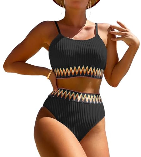 EMOTTOS Sexy Women's Ribbed Swimwear, Tummy Control Backless Lace-up V-Neck Swimsuit with Bra, Two-Piece High Waist Soft High Elasticity Curvy Swimsuit, Sexy Bikini Triangle Cup, L