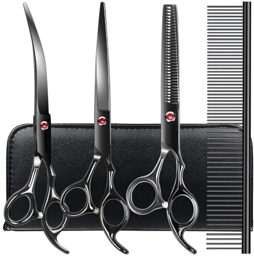 TINMARDA Dog Grooming Kit, Titanium Black Stainless Steel Dog Grooming Scissors with Curved Shears, Black Finger Rings - 4 Piece Sharp Durable Pet Shears for Dogs Cats At Home Salon-Quality Grooming