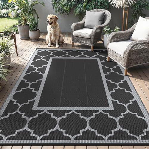 GENIMO Outdoor Rug 150x240cm – Reversible Waterproof Plastic Garden Carpet, Washable Large Patio Rug for Camping, Deck, Picnic, RV & Camper – Black & Grey