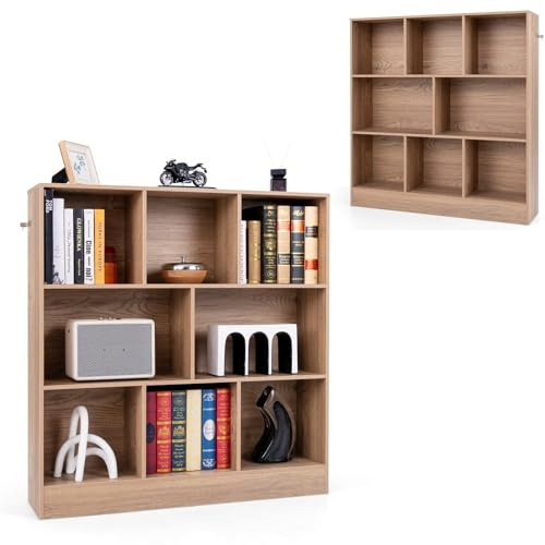 KOMFOTTEU Libreria Aperta con 10 Scomparti, Libreria a 3 Livelli con Dispositivo Antiribaltamento, Mobile di Stoccaggio, Scaffale per Soggiorno, Ufficio (Naturale, 100 x 24 x 104 cm)