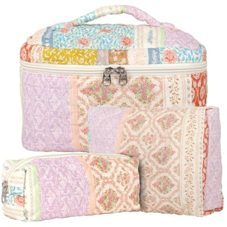 3pcs Beauty Case da Viaggio Donna, Cotone Grande Borsa Cosmetica da Viaggio, Floreale Trousse Trucchi Donna, Borsa Porta Trucchi da Toilette Makeup Bag Organizer per Donne e Ragazze