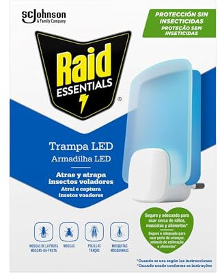 Raid Essentials Piège LED Anti-Mouches, Anti-Mouches et Mites, sans Insecticide, sans Danger pour Toute la Famille, sans Odeur et sans résidus, Usage intérieur, 1 Appareil et 1 pièce de Rechange.