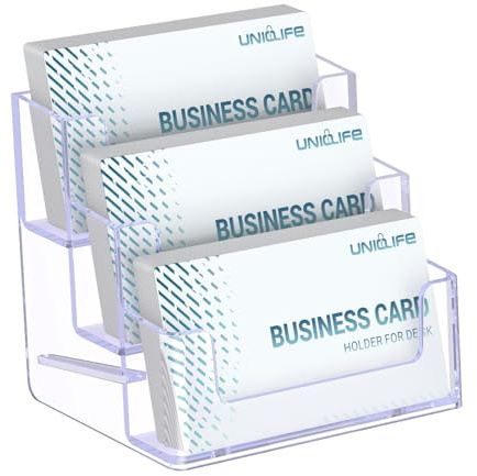 Uniclife 1 Pack Acrylic Business Card Holder for Desk 3 Slots Clear Business Card Display Stand for Men & Women Desktop Business Card Organizer Card Stand for Office Home Exhibition, 180 Card Capacity