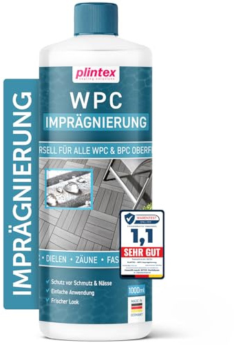 PLINTEX WPC Impregnante incolore 1000 ml – Sigillatura e cura per pavimenti WPC/BPC, recinzioni e piastrelle, protezione e cura contro acqua, sporco e rivestimento verde, trasparente e inodore