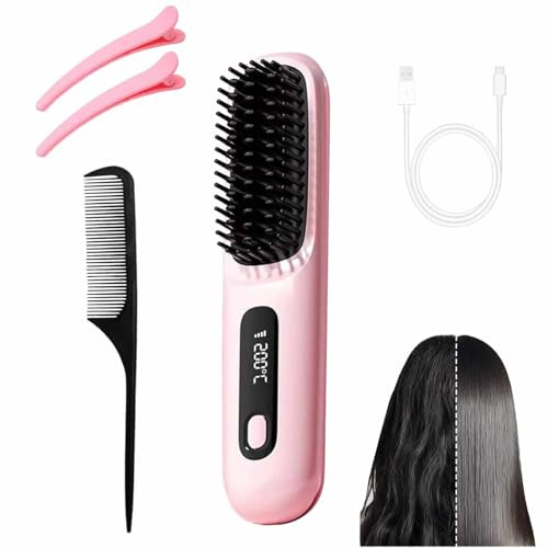 DEJIN Cordless Hair Straightener Brush, 3 Heat Settings Heated Brush with Hair-Friendly & Long-Lasting Design, Rechargeable Portable Hot Brush, Travel-Friendly Cordless Hair Styler