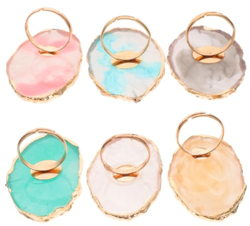 Healvian 6pcs Nail Art Ring Palettes Manicure Mixing Tray Resin Crystal Finger Ring Plate Agate Gold Edge Multi-color for Professional Nail Polish Tools and Salon Use