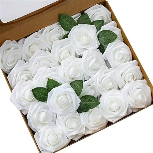 Fesnova Rose bianche artificiali, 25 pezzi, fiori di seta con foglie verdi, rose decorative in schiuma per matrimoni, composizioni floreali fai da te, fai da te