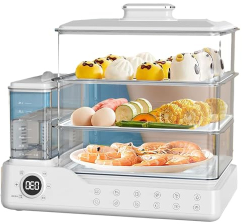 Vaporiera Elettrica a 3 Livelli da 24 Litri, Serbatoio Dell'acqua Separato da 1,5 Litri con Avvio Ritardato 24 Ore e Vapore Istantaneo, Cestelli Impilabili con Spegnimento Automatico per Cereal white