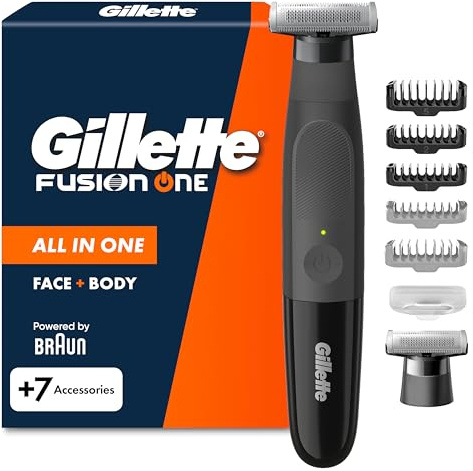 Gillette Fusion One Rasoio Elettrico Uomo Barba e Corpo, 3 Pettini Barba (1,2,5mm) e 1 Pettine Corpo, Testina Oscillante, Lama Ricambio, Impermeabile, Senza Fili, 45 Min Autonomia, Tecnologia Braun