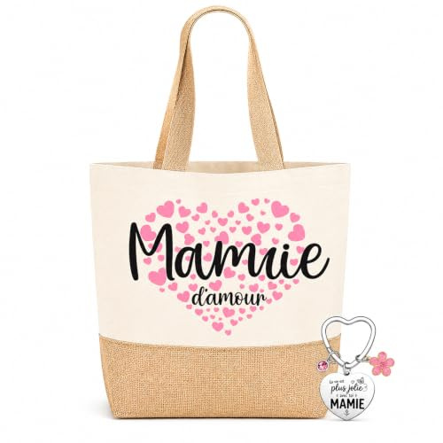 AJAUBKJOG Sac Mamie Et Porte-Clés : Cadeau Mamie, Cadeau Pour Mamie | Sac Cabas En Toile/Jute & Porte-Clés Inox. Cadeau Grand Mere Pour Anniversaire, Noël Ou Cadeau Fete Des Grand Mere