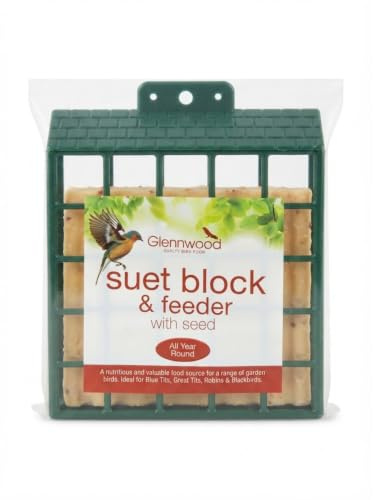 Glennwood Suet Block with Hanging Feeder 350g Wild Bird Food with Seed, Ready to Hang Garden Bird Feeder, All Year Round Feed for Blue Tits, Robins, Sparrows, Blackbirds & Great Tits