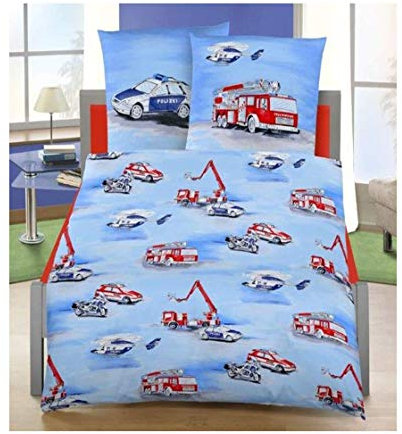 Ropa de cama infantil de franela (2 piezas, tamaño 80 x 80 + 135 x 200 cm, fabricado en Alemania), diseño de policía y bomberos