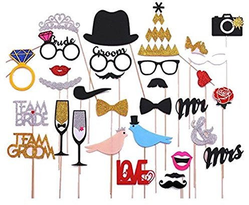 Veewon neue Art und Weise Fotorequisiten Hochzeit Photo Booth Requisiten Dekorationen Photo Booth Requisiten Valentinstag, 31 Stück auf den Stick angebracht NO DIY erforderlich, Schnurrbart, Hüte, Bri