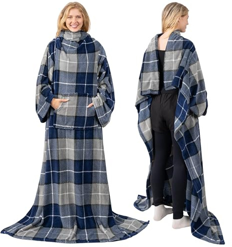 PAVILIA Premium fleece blanket with sleeves for adults, women, men, warm, cozy, extra soft, microplush, functional, lightweight wearable throw (plaid navy, kangaroo pocket)
