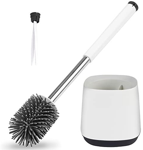 Hulameda [304 Stainless Steel] Toilet Brush and Holder Set, Silicone Toilet Brushes with Long Shank Stainless Steel Handle,Tweezers included. 4.8 x 5.2inch, Gray & White (Flooring)
