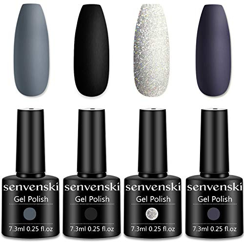 Senvenski Gray Black Gel Polish Kit - UV/LED Soak Off Nail Art Set with White Glitter Dark Purple Charcoal Pewter Colours | Manicure Gift Kit for Women Salon, Halloween Designs & French Tips(CS010)