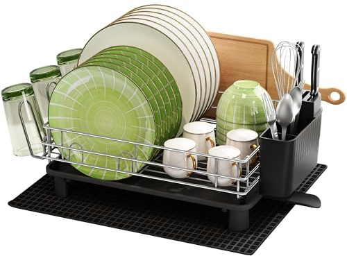 MAJALiS Egouttoir Vaisselle INOX avec Porte-Gobelets et Porte-Ustensiles, Séchoir à Vaisselle Cuisine Gris avec Vidange Automatique et Tapis de Séchage