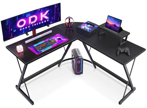 ODK L Shaped Gaming Desk with Monitor Stand, 127x127x75 cm Computer Desk with Storage Bag, Corner Desk for Gaming, Home, Office, Black