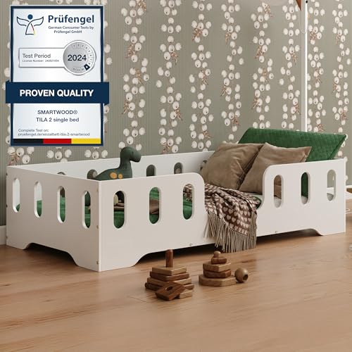 smartwood Golvsäng 80x180 Vit - Montessori Barnsäng i trä med FSC-certifikat - TILA 2 med fallskydd och ribbotten, belastningsbar upp till 230 kg - Enkel montering