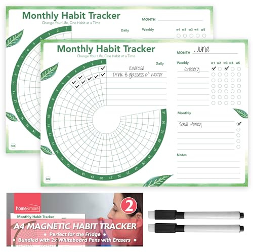 SOL Lot de 2 traceurs d'habitudes mensuelles magnétiques A4 avec 2 stylos de motivation, tableau d'objectif, journal d'entraînement, calendrier inspirant, journal d'habitudes quotidiennes, calendrier