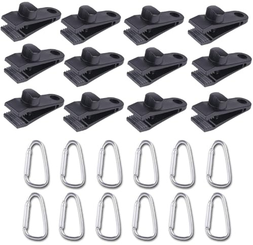 12 clips de lona + 12 clips de lona para hebillas de montañismo, clips para lonas, clips de lona para tienda de campaña, fijación para tienda de campaña, pabellón, camping, caravana