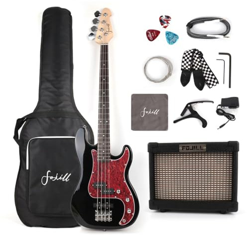 Fojill Full Size 4 Four String Electric Bass Guitar 10W Battery Power Bluetooth Amplifier Amp Beginner Starter Kit Set Combo Bundle Package Accessory Bag,Strap,Picks,Capo,Cable,Strings(Black)