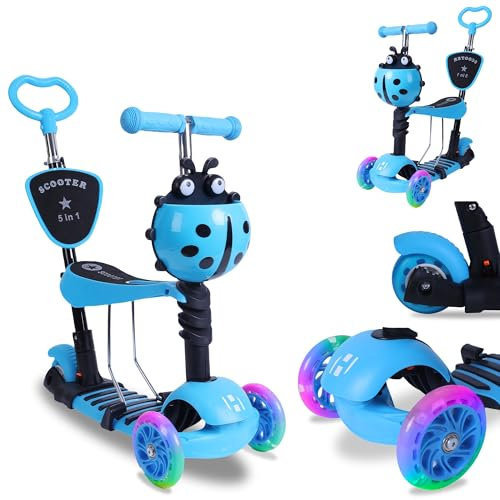 Habib Gruppe 5-in-1 Kinderroller mit Rückenlehne für Jungen und Mädchen - Abnehmbarer Sitz, LED-Räder, Höheverstellbarer Lenker, Tretroller - Kinder Roller Outdoor Spiel, für 2-8 Jahre Kinder - Blau