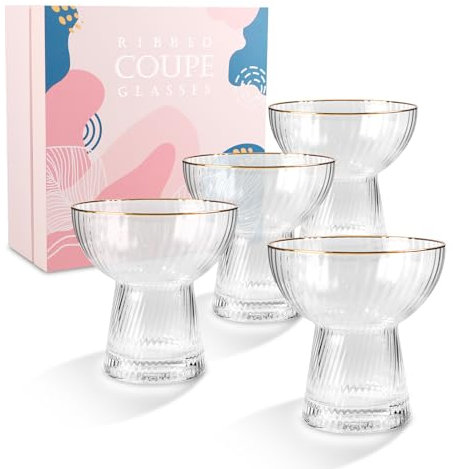 Jiodaueyu Juego de 4 vasos de margarita sin tallo, copas de cóctel con rayas verticales con borde dorado, copas de champán Martini para fiestas, camping, restaurante, bar, cristalería soplada a mano
