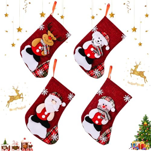 Cveenk 4 Stück Weihnachtsstrümpfe, Nikolausstrumpf Weihnachten hängende Taschen Weihnachtsfeiertagsstrumpf, Nikolaussocke Weihnachtsdekoration für Kamin, Weihnachtsbaum, Wand, Treppe