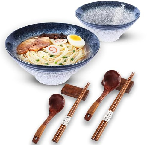 Annie's Cocina - Juego de 2 cuencos de porcelana para ramen de 34 onzas con palillos de madera, cucharas y reposos, cuenco grande japonés para ramen para sopa, ensalada, cereales, pasta, microondas y